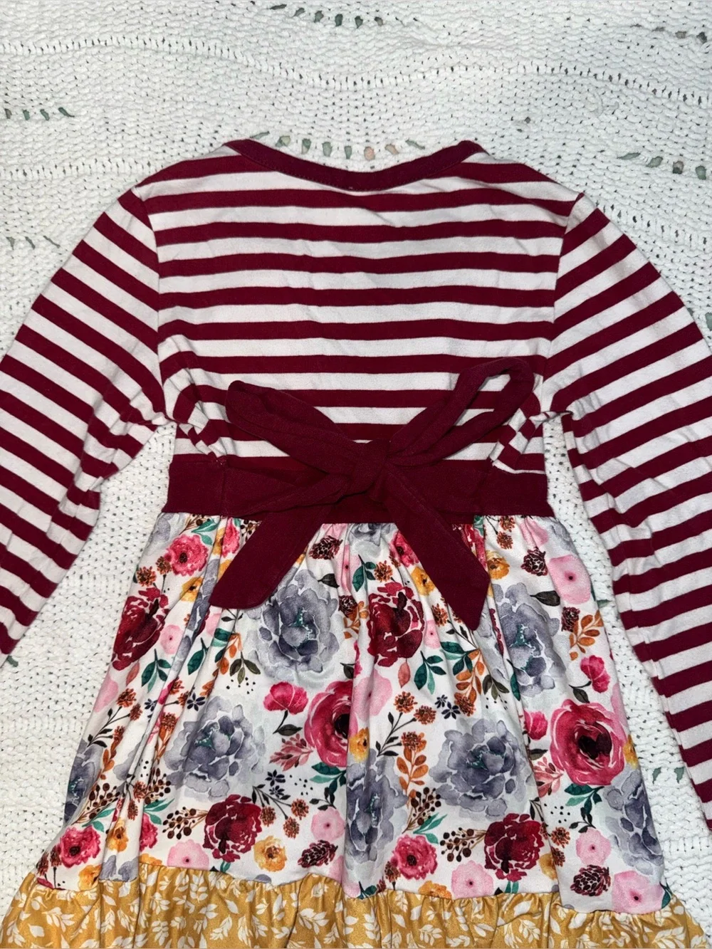 Striped Burgundy & Cream Floral Ruffle Dress Set
